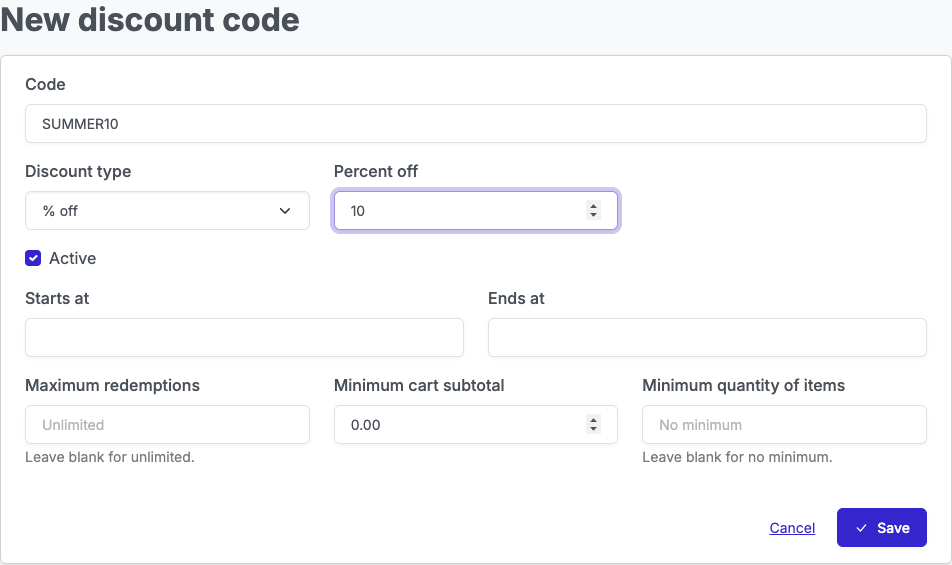 The New discount code form with SUMMER10 set to 10% off