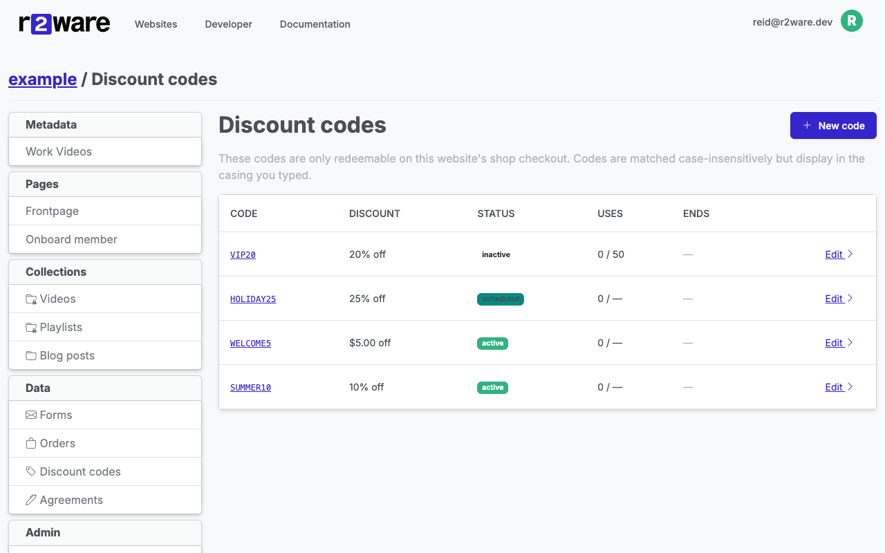 The Discount codes page, showing a list of codes with their discount, status, and usage